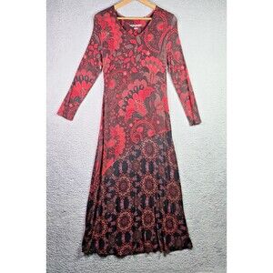 Soft Surroundings Maxi Dress Red Zanzibar Boho Paisley Stretch Long Sleeve PS